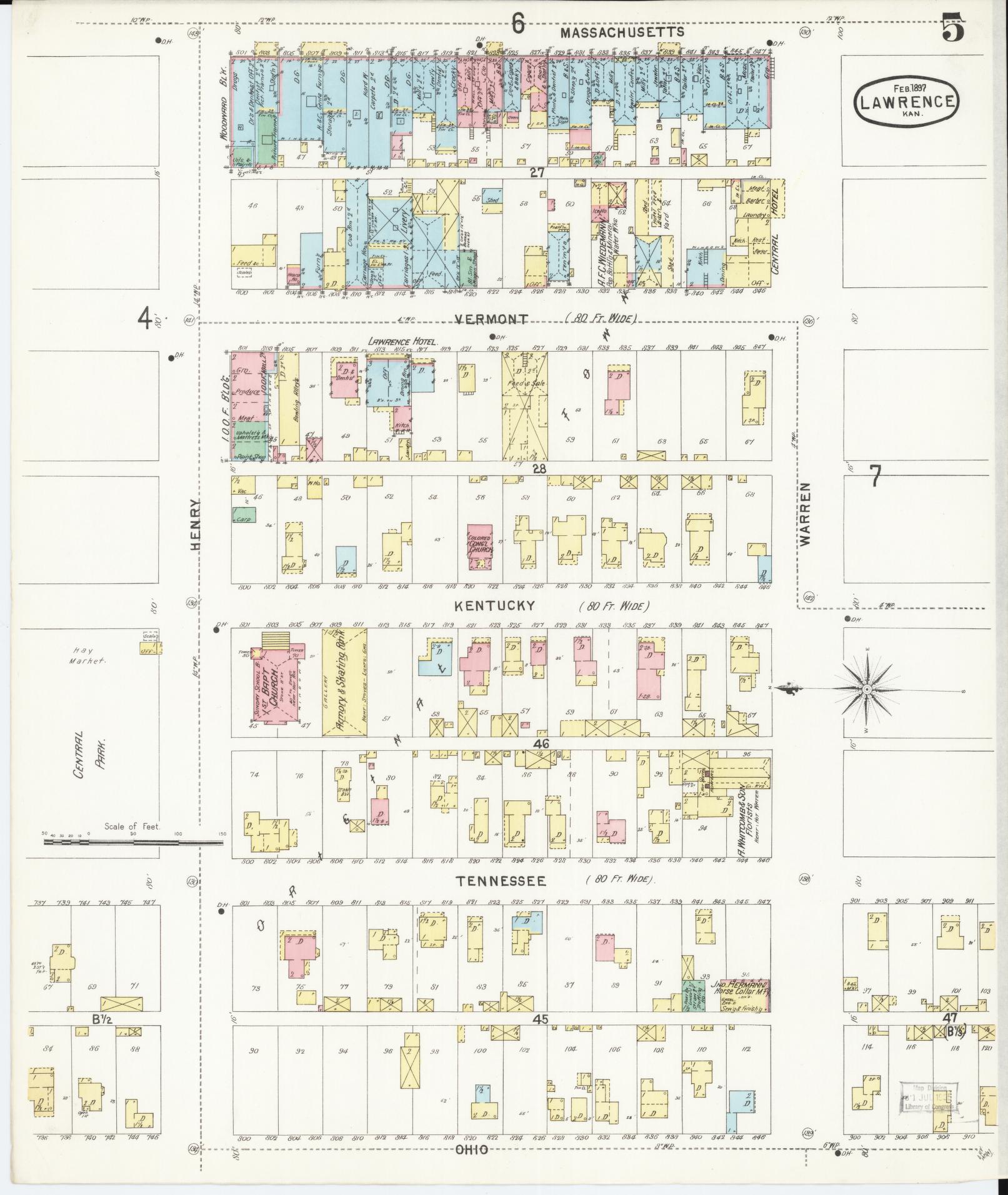 Sanborn Fire Insurance Map from Lawrence, Douglas County, Kansas (1897), Sheet #0005 - Complete Map Set gallery image, historic Sanborn map, vintage wall art, Kansas Kansas