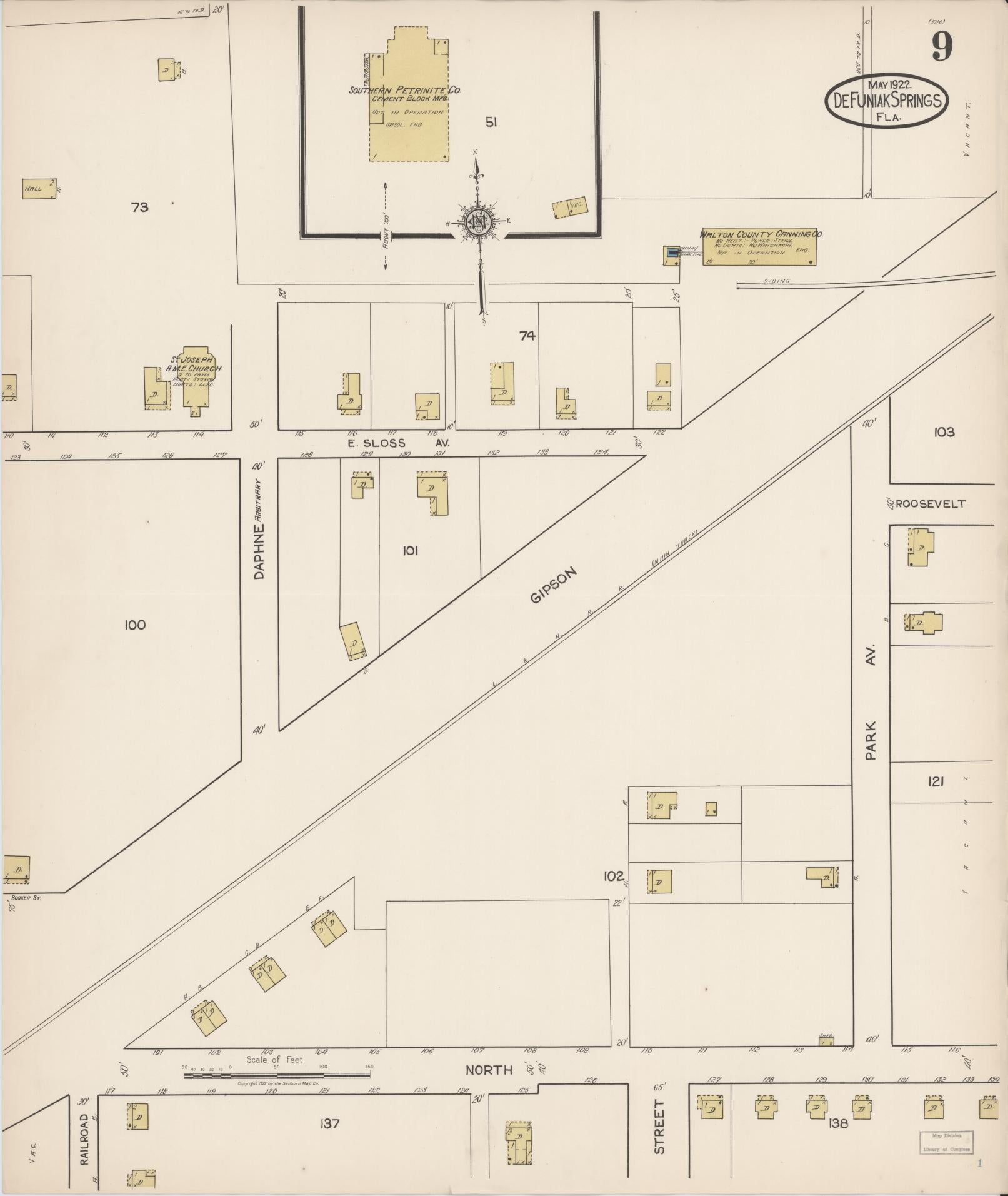 Sanborn Fire Insurance Map from De Funiak Springs, Walton County, Florida (1922), Sheet #0009 - Complete Map Set gallery image, historic Sanborn map, vintage wall art, Florida Florida