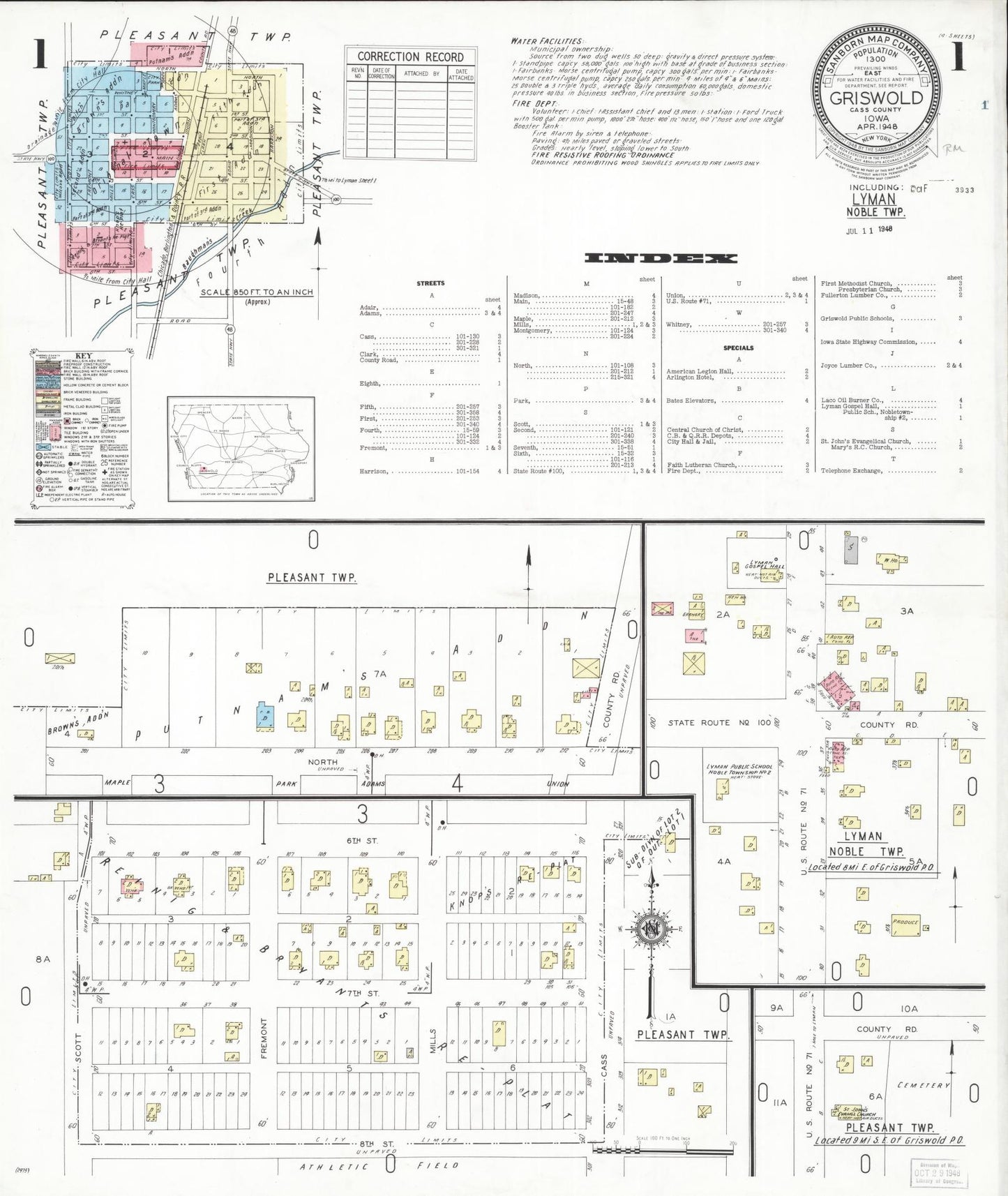 Sanborn Fire Insurance Map from Griswold, Cass County, Iowa (1948), Sheet #0001 - Historic Sanborn Fire Insurance Map Print, vintage old map wall art