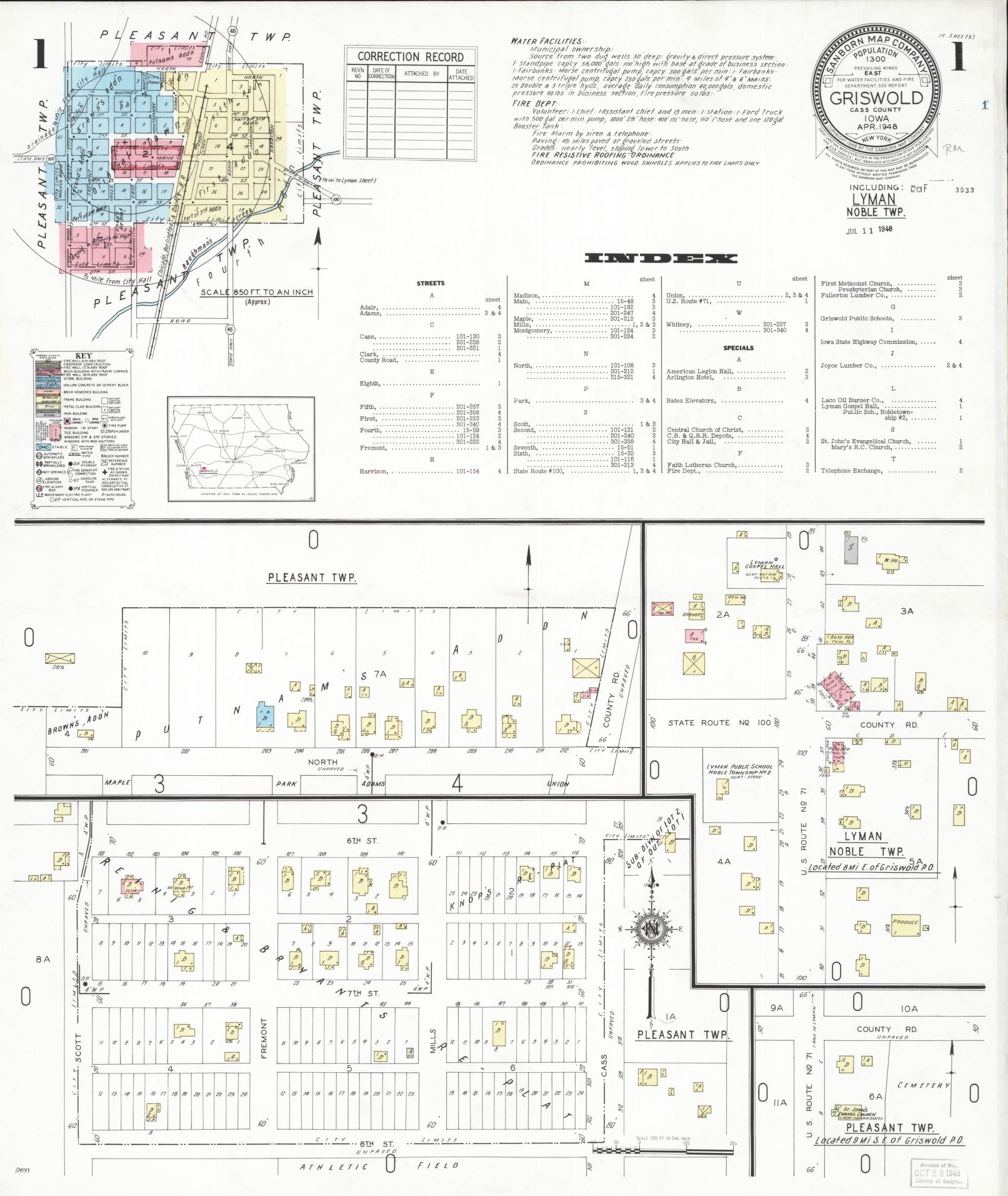 Sanborn Fire Insurance Map from Griswold, Cass County, Iowa (1948), Sheet #0001 - Historic Sanborn Fire Insurance Map Print, vintage old map wall art