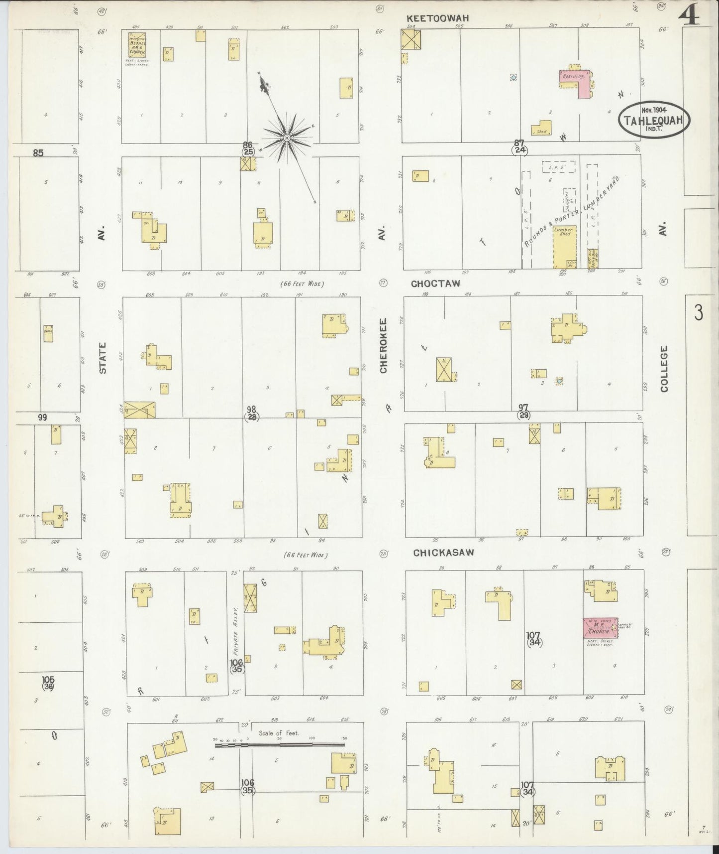Sanborn Fire Insurance Map from Tahlequah, Cherokee County, Oklahoma (1904), Sheet #0004 - Historic Sanborn Fire Insurance Map Print, vintage old map wall art, antique decor, genealogy gift, Oklahoma Oklahoma map