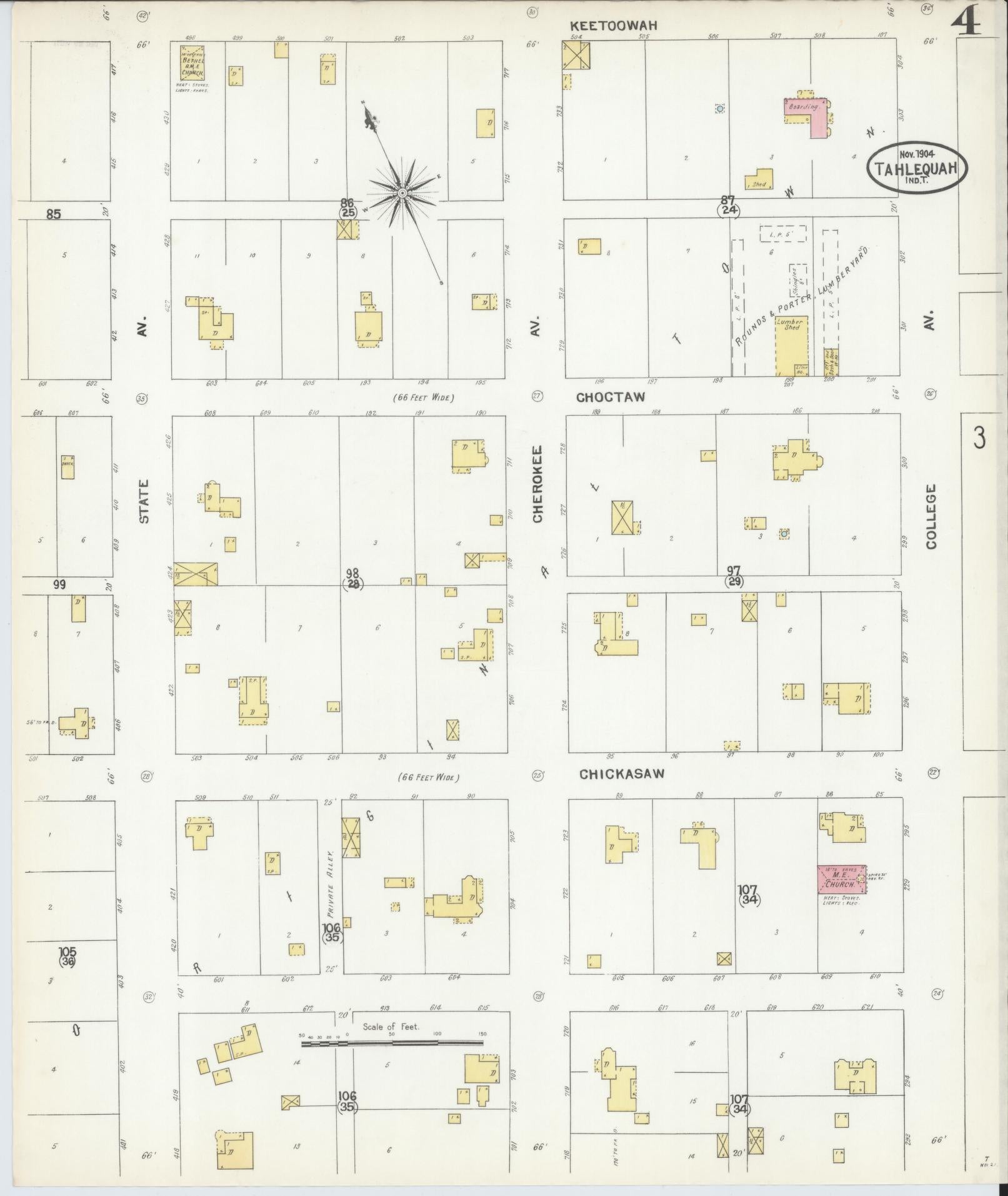 Sanborn Fire Insurance Map from Tahlequah, Cherokee County, Oklahoma (1904), Sheet #0004 - Historic Sanborn Fire Insurance Map Print, vintage old map wall art, antique decor, genealogy gift, Oklahoma Oklahoma map