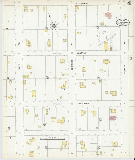 Sanborn Fire Insurance Map from Tahlequah, Cherokee County, Oklahoma (1904), Sheet #0004 - Historic Sanborn Fire Insurance Map Print, vintage old map wall art, antique decor, genealogy gift, Oklahoma Oklahoma map