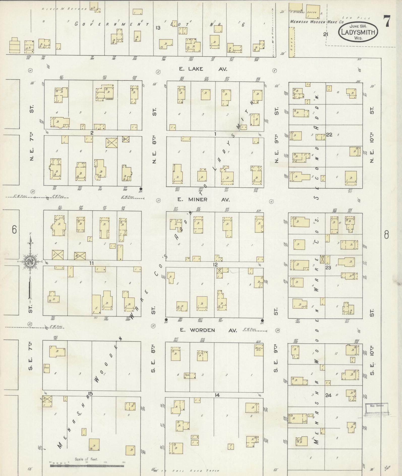 Sanborn Fire Insurance Map from Ladysmith, Rusk County, Wisconsin (1914), Sheet #0007 - Complete Map Set gallery image, historic Sanborn map, vintage wall art, Wisconsin Wisconsin
