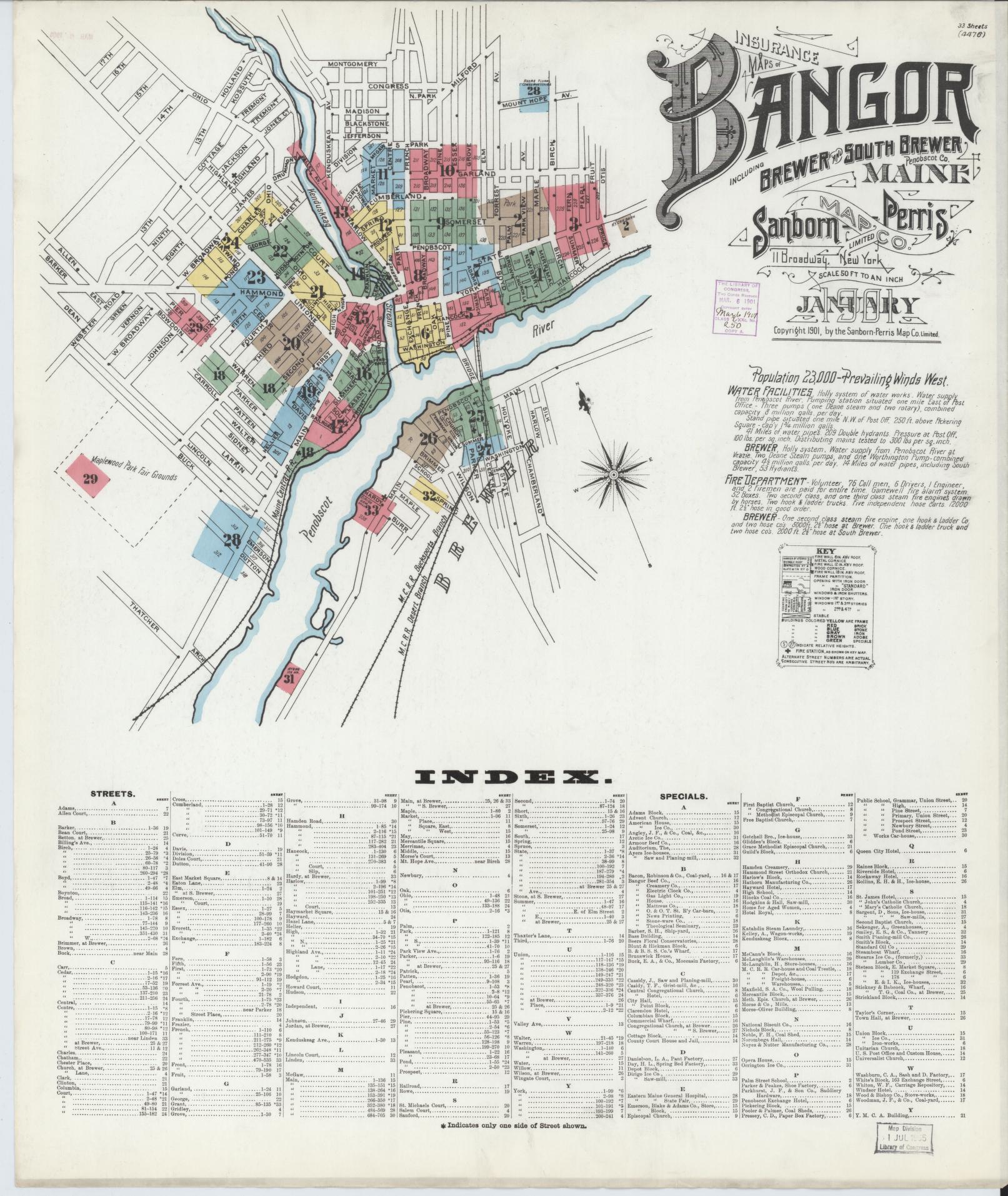 Sanborn Fire Insurance Map from Bangor, Penobscot County, Maine (1901), Sheet #0001 - Historic Sanborn Fire Insurance Map Print, vintage old map wall art, antique decor, genealogy gift, Maine Maine map