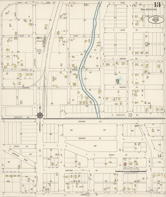 Sanborn Fire Insurance Map from Bend, Deschutes County, Oregon (1920), Sheet #0013 - Historic Sanborn Fire Insurance Map Print, vintage old map wall art, antique decor, genealogy gift, Oregon Oregon map