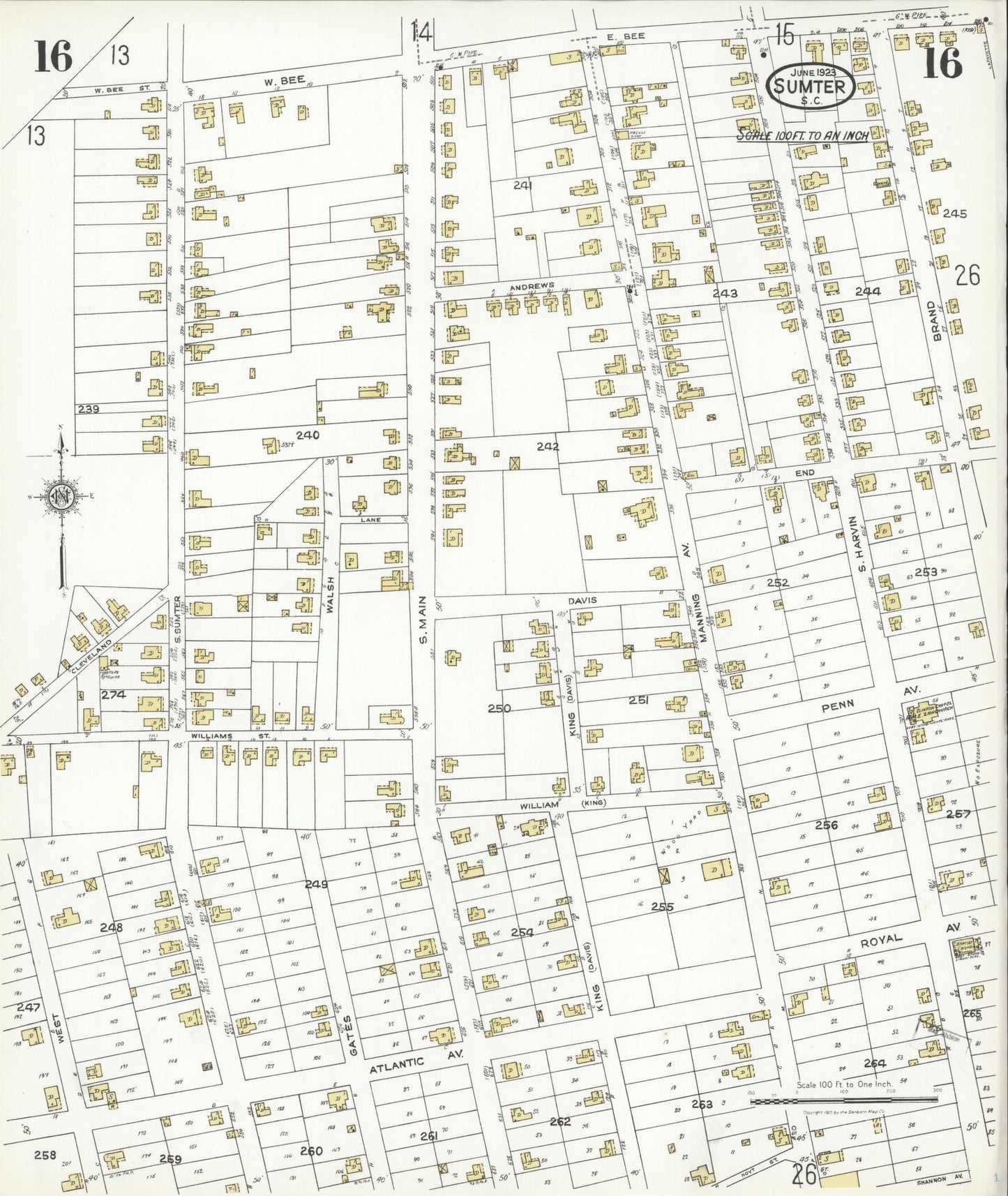 Sanborn Fire Insurance Map from Sumter, Sumter County, South Carolina (1923), Sheet #0016 - Historic Sanborn Fire Insurance Map Print, vintage old map wall art, antique decor, genealogy gift, South Carolina South Carolina map
