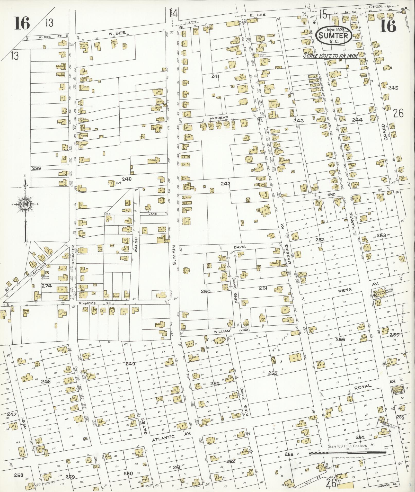 Sanborn Fire Insurance Map from Sumter, Sumter County, South Carolina (1923), Sheet #0016 - Historic Sanborn Fire Insurance Map Print, vintage old map wall art, antique decor, genealogy gift, South Carolina South Carolina map