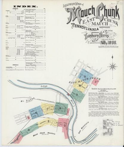 Sanborn Fire Insurance Map from Mauch Chunk, Carbon County, Pennsylvania (1896), Sheet #0001 - Historic Sanborn Fire Insurance Map Print, vintage old map wall art, antique decor, genealogy gift, Pennsylvania Pennsylvania map