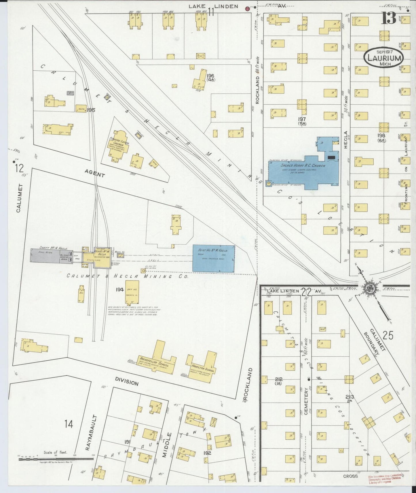 Sanborn Fire Insurance Map from Laurium, Houghton County, Michigan (1917), Sheet #0013 - Historic Sanborn Fire Insurance Map Print, vintage old map wall art, antique decor, genealogy gift, Michigan Michigan map