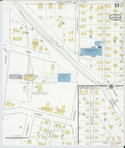 Sanborn Fire Insurance Map from Laurium, Houghton County, Michigan (1917), Sheet #0013 - Historic Sanborn Fire Insurance Map Print, vintage old map wall art, antique decor, genealogy gift, Michigan Michigan map