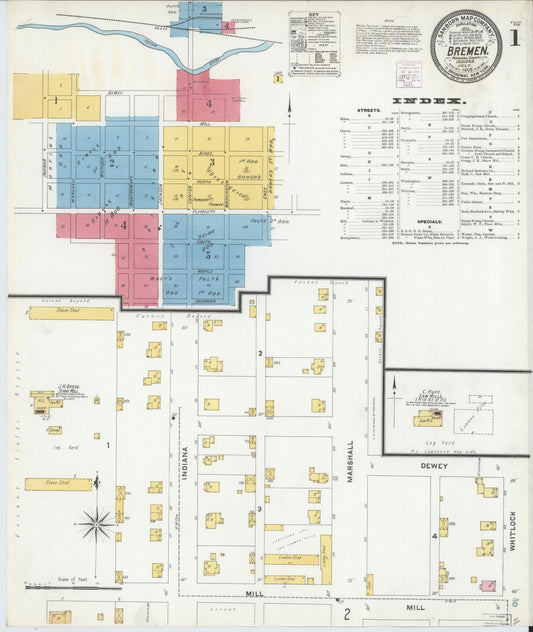 Sanborn Fire Insurance Map from Bremen, Marshall County, Indiana (1905), Sheet #0001 - Historic Sanborn Fire Insurance Map Print, vintage old map wall art, antique decor, genealogy gift, Indiana Indiana map