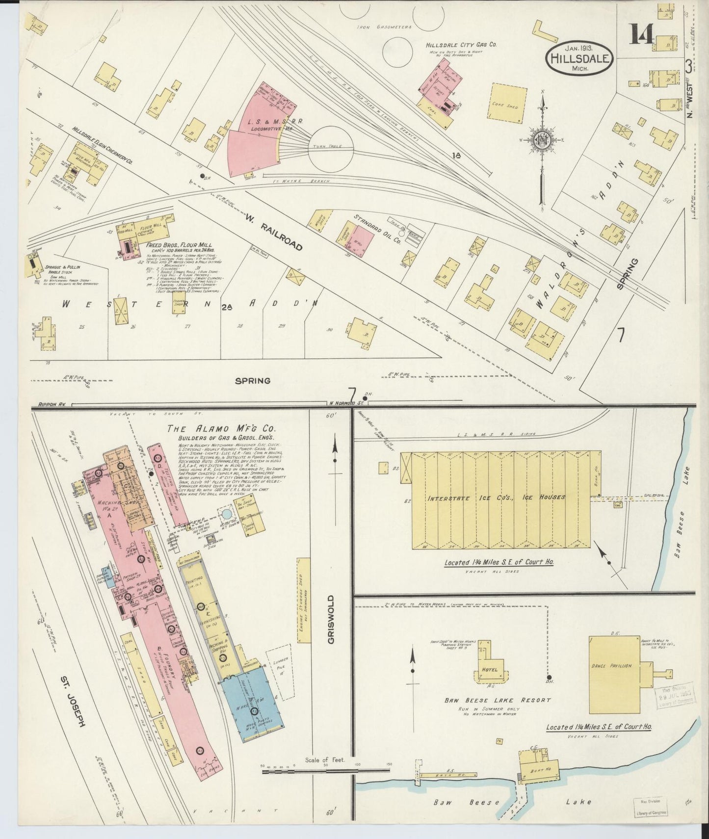 Sanborn Fire Insurance Map from Hillsdale, Hillsdale County, Michigan (1913), Sheet #0014 - Complete Map Set gallery image, historic Sanborn map, vintage wall art, Michigan Michigan