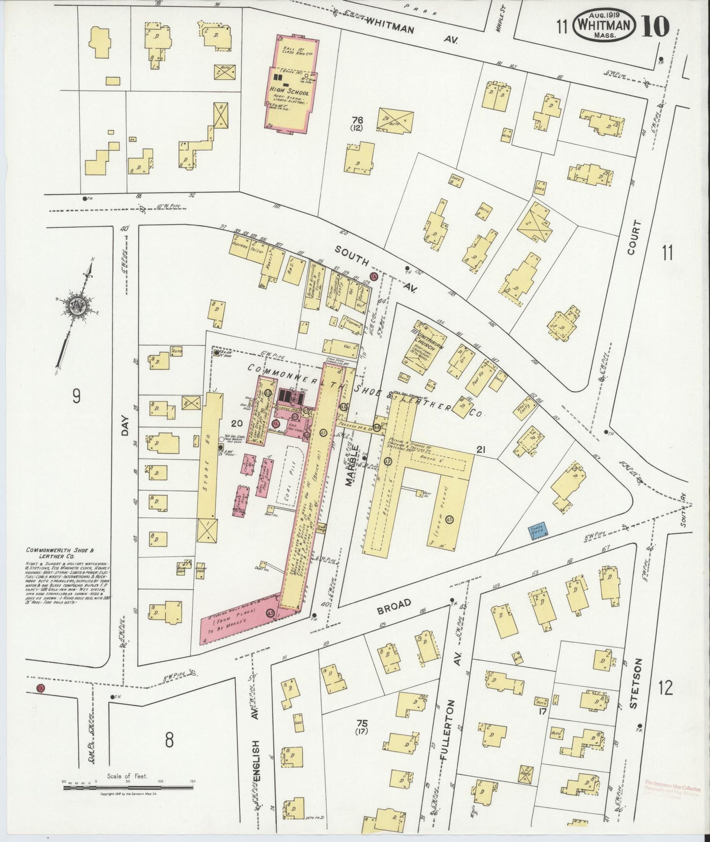 Sanborn Fire Insurance Map from Whitman, Plymouth County, Massachusetts (1919), Sheet #0010 - Historic Sanborn Fire Insurance Map Print, vintage old map wall art, antique decor, genealogy gift, Massachusetts Massachusetts map