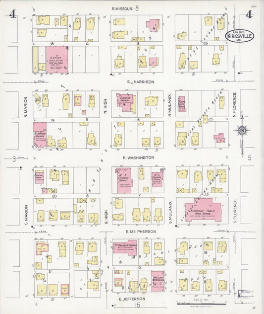 Sanborn Fire Insurance Map from Kirksville, Adair County, Missouri (1925), Sheet #0004 - Historic Sanborn Fire Insurance Map Print, vintage old map wall art, antique decor, genealogy gift, Missouri Missouri map