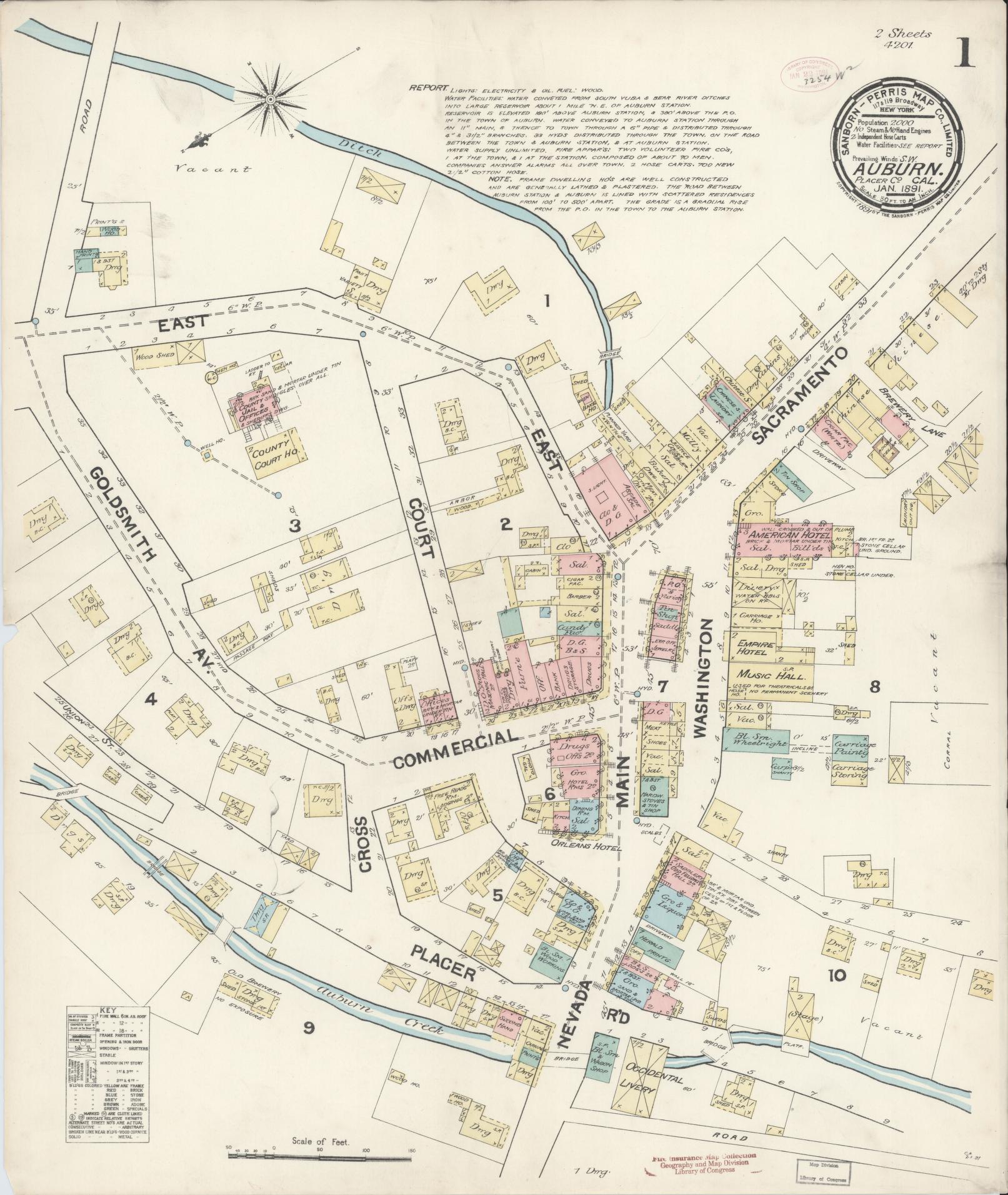 Sanborn Fire Insurance Map from Auburn, Placer County, California (1891), Sheet #0001 - Historic Sanborn Fire Insurance Map Print, vintage old map wall art, antique decor, genealogy gift, California California map