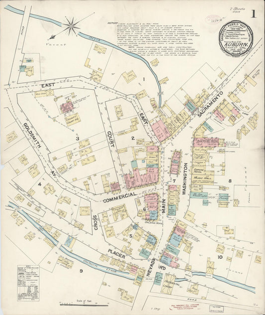 Sanborn Fire Insurance Map from Auburn, Placer County, California (1891), Sheet #0001 - Historic Sanborn Fire Insurance Map Print, vintage old map wall art, antique decor, genealogy gift, California California map
