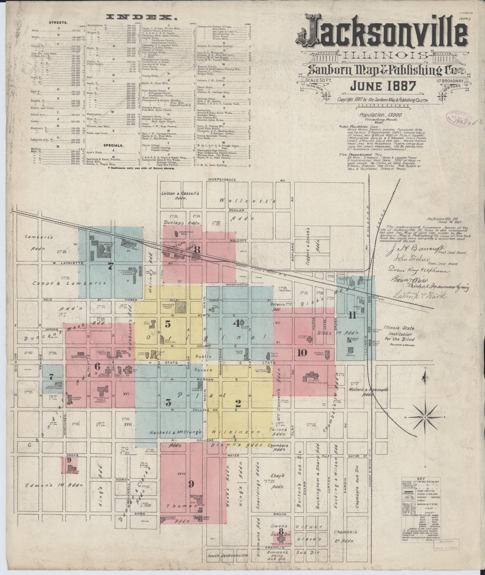Sanborn Fire Insurance Map from Jacksonville, Morgan County, Illinois (1887), Sheet #0001 - Historic Sanborn Fire Insurance Map Print, vintage old map wall art, antique decor, genealogy gift, Illinois Illinois map