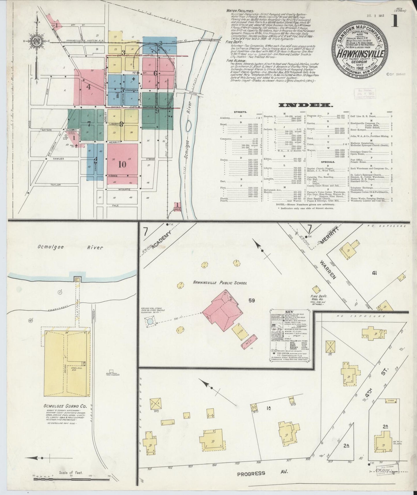 Sanborn Fire Insurance Map from Hawkinsville, Pulaski County, Georgia (1912), Sheet #0001 - Historic Sanborn Fire Insurance Map Print, vintage old map wall art, antique decor, genealogy gift, Georgia Georgia map