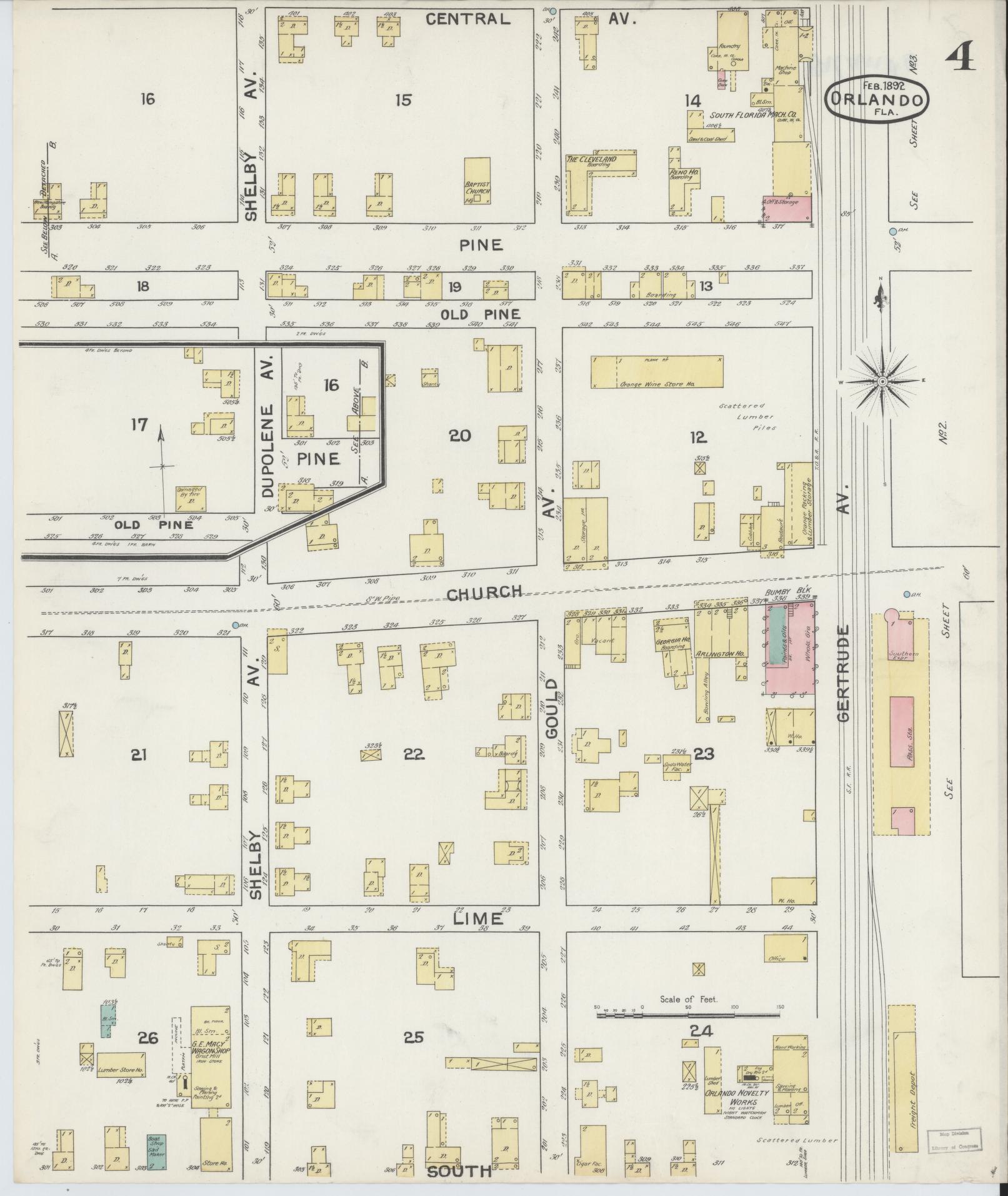 Sanborn Fire Insurance Map from Orlando, Orange County, Florida (1892), Sheet #0004 - Historic Sanborn Fire Insurance Map Print, vintage old map wall art, antique decor, genealogy gift, Florida Florida map