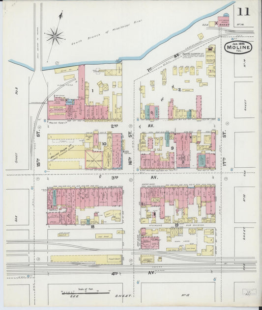 Sanborn Fire Insurance Map from Moline, Rock Island County, Illinois (1892), Sheet #0011 - Historic Sanborn Fire Insurance Map Print, vintage old map wall art, antique decor, genealogy gift, Illinois Illinois map
