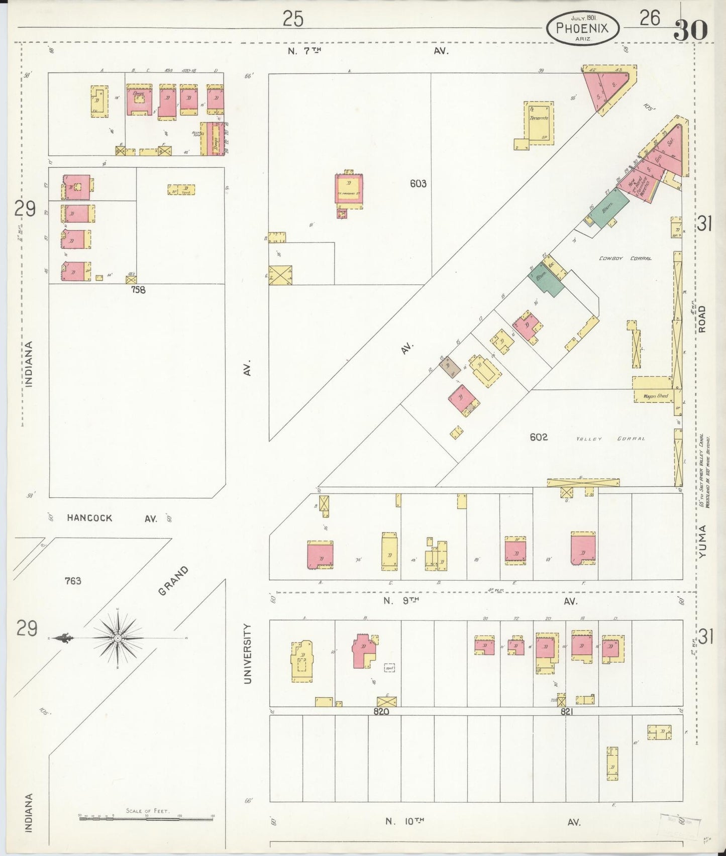 Sanborn Fire Insurance Map from Phoenix, Maricopa County, Arizona (1901), Sheet #0030 - Complete Map Set gallery image, historic Sanborn map, vintage wall art, Arizona Arizona