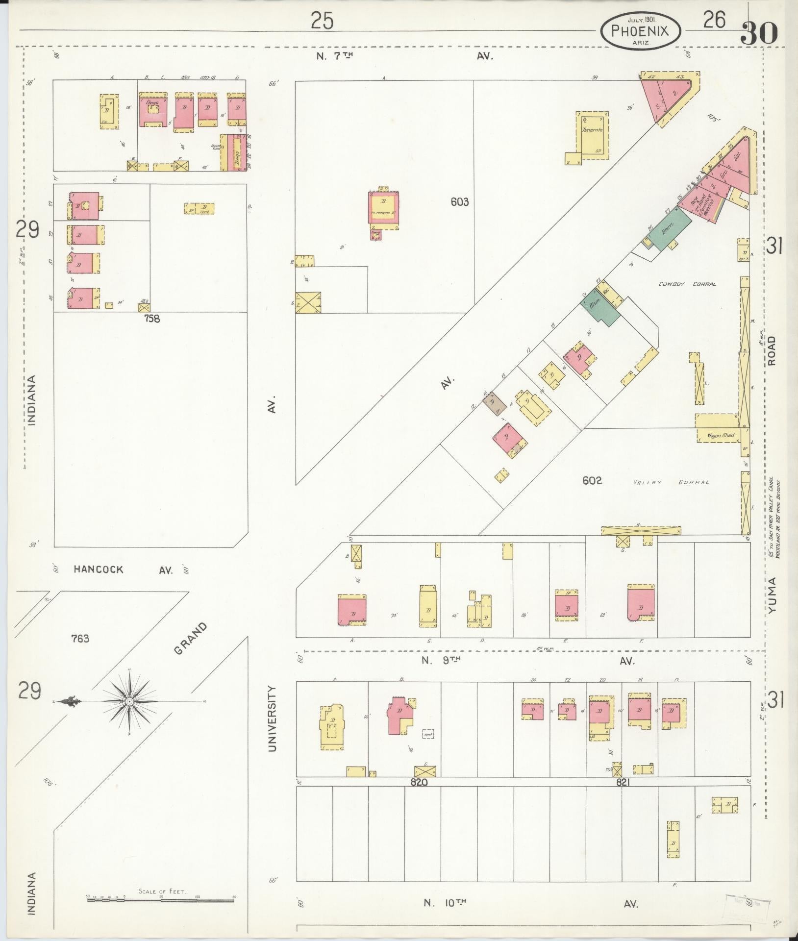 Sanborn Fire Insurance Map from Phoenix, Maricopa County, Arizona (1901), Sheet #0030 - Complete Map Set gallery image, historic Sanborn map, vintage wall art, Arizona Arizona