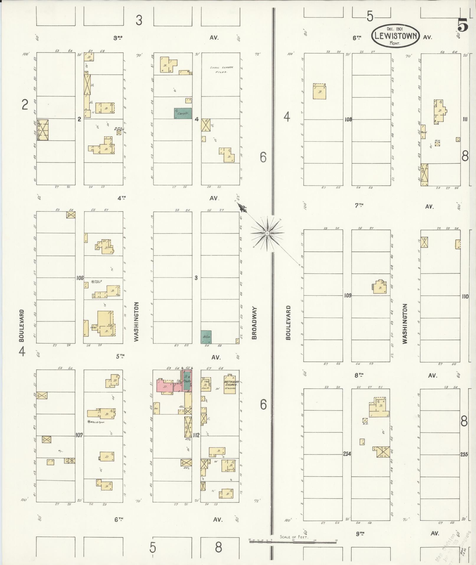 Sanborn Fire Insurance Map from Lewistown, Fergus County, Montana (1901), Sheet #0005 - Complete Map Set gallery image, historic Sanborn map, vintage wall art, Montana Montana