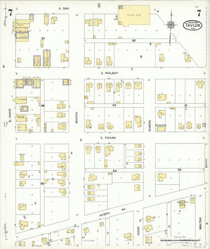 Sanborn Fire Insurance Map from Taylor, Williamson County, Texas (1923), Sheet #0007 - Complete Map Set gallery image, historic Sanborn map, vintage wall art, Texas Texas