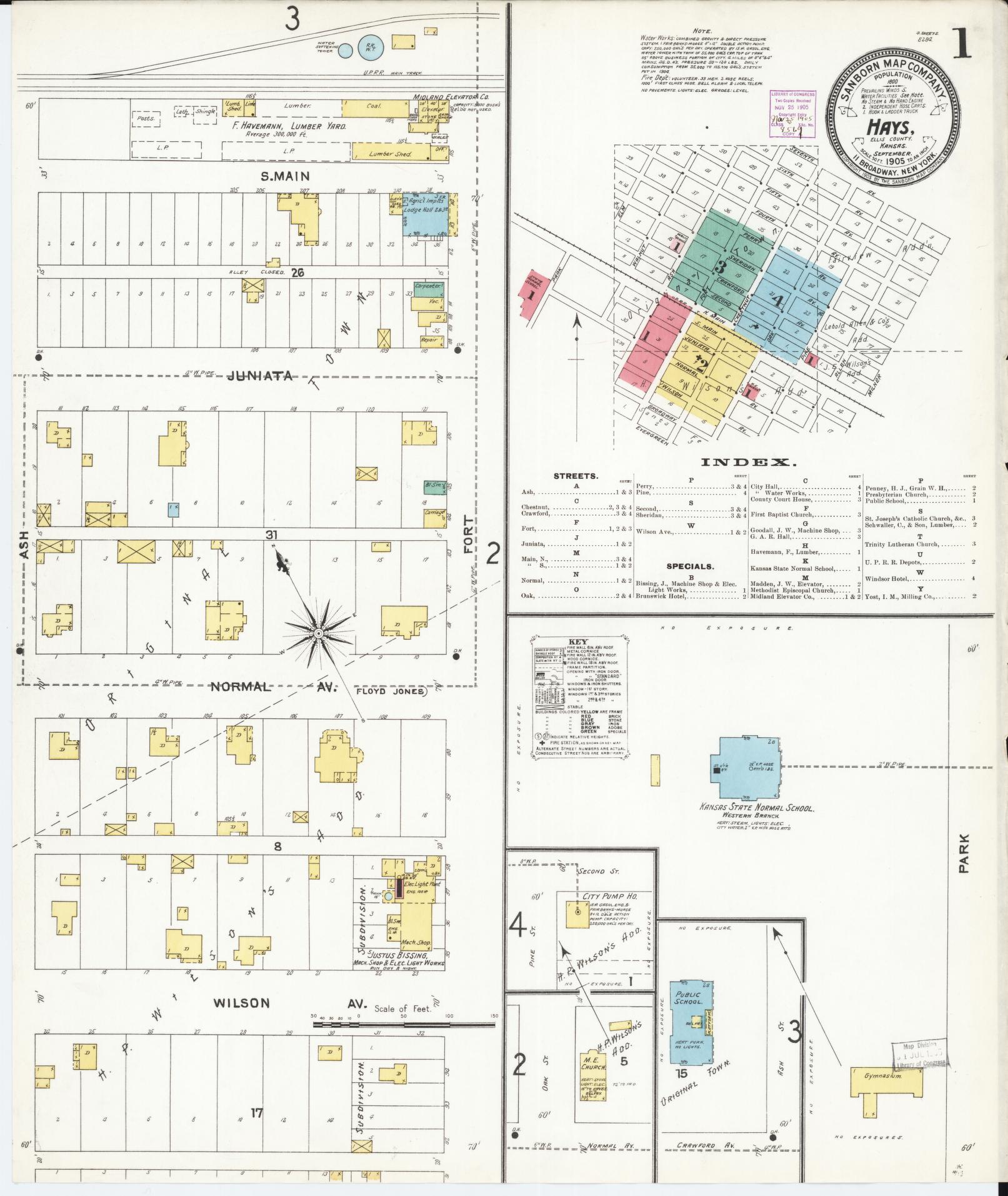 Sanborn Fire Insurance Map from Hays, Ellis County, Kansas (1905), Sheet #0001 - Historic Sanborn Fire Insurance Map Print, vintage old map wall art, antique decor, genealogy gift, Kansas Kansas map