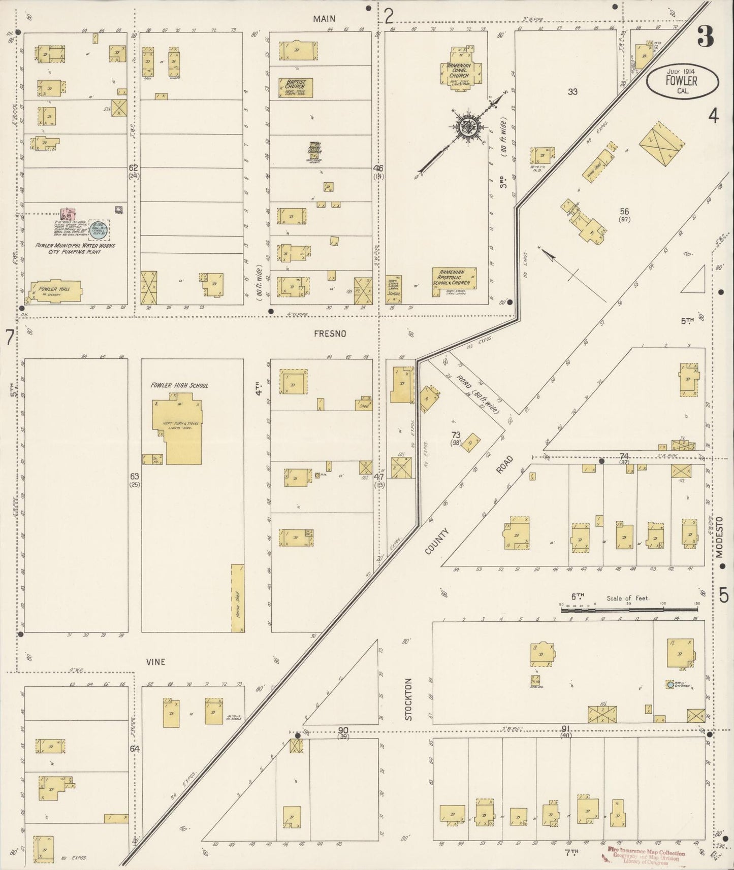 Sanborn Fire Insurance Map from Fowler, Fresno County, California (1914), Sheet #0003 - Historic Sanborn Fire Insurance Map Print, vintage old map wall art, antique decor, genealogy gift, California California map