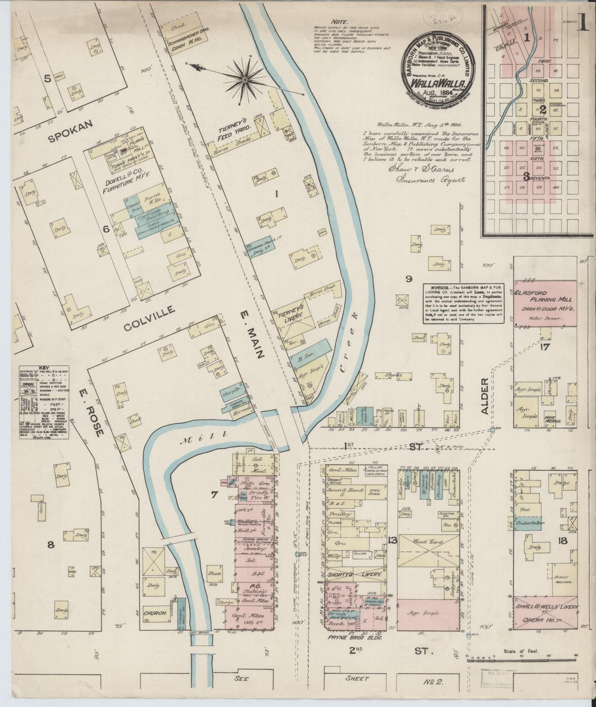 Sanborn Fire Insurance Map from Walla Walla, Walla Walla County, Washington (1884), Sheet #0001 - Historic Sanborn Fire Insurance Map Print, vintage old map wall art, antique decor, genealogy gift, Washington Washington map