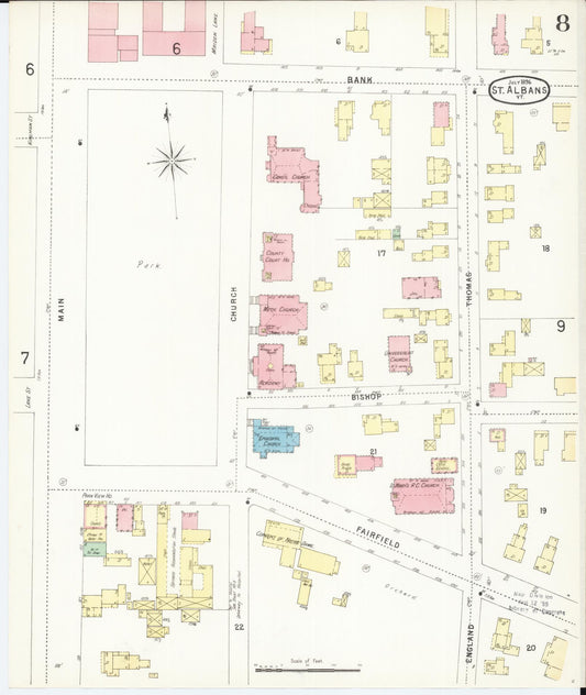 Sanborn Fire Insurance Map from Saint Albans, Franklin County, Vermont (1896), Sheet #0008 - Historic Sanborn Fire Insurance Map Print, vintage old map wall art, antique decor, genealogy gift, Vermont Vermont map