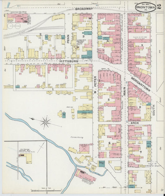 Sanborn Fire Insurance Map from Uniontown, Fayette County, Pennsylvania (1891), Sheet #0002 - Historic Sanborn Fire Insurance Map Print, vintage old map wall art, antique decor, genealogy gift, Pennsylvania Pennsylvania map