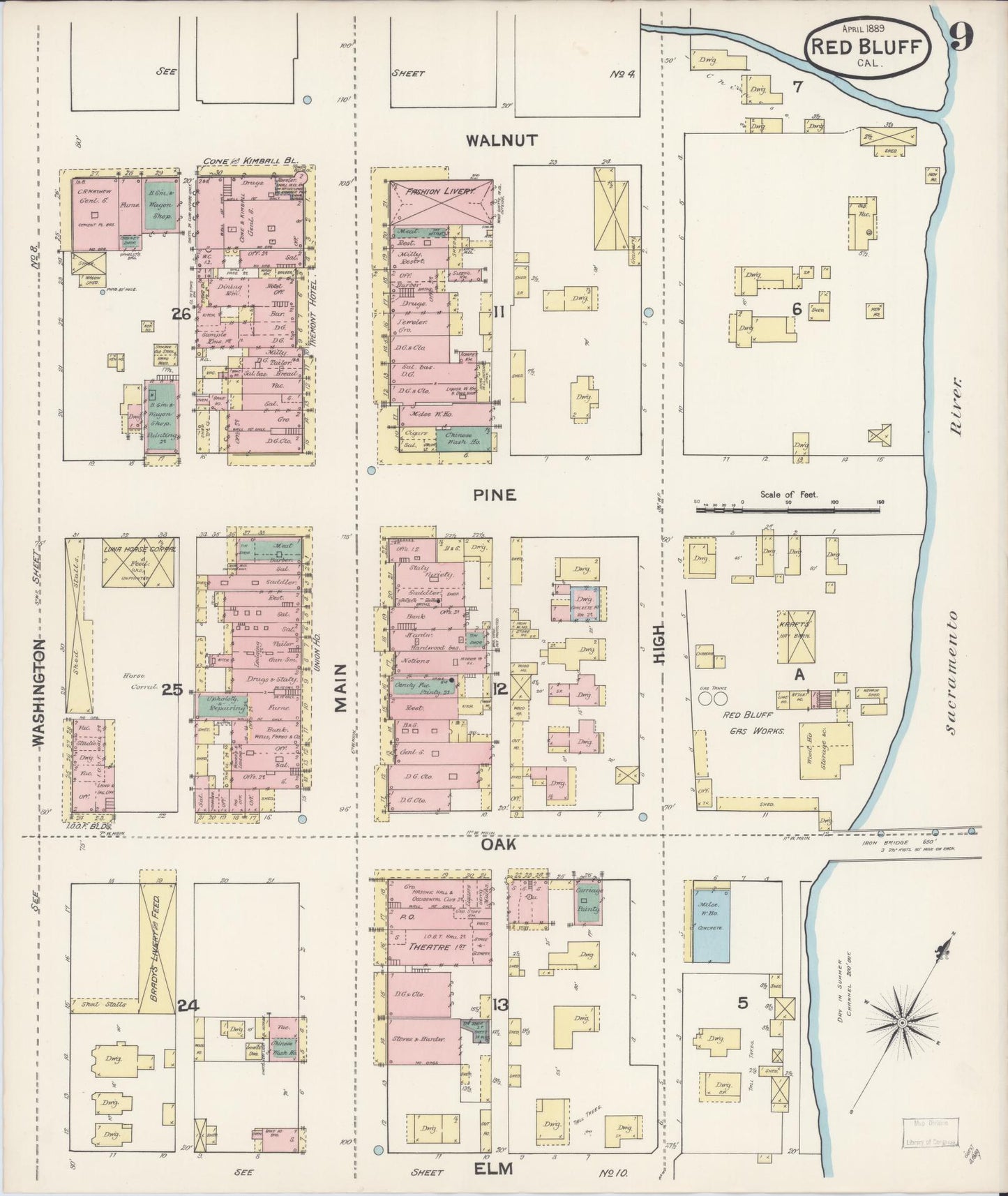 Sanborn Fire Insurance Map from Red Bluff, Tehama County, California (1889), Sheet #0009 - Complete Map Set gallery image, historic Sanborn map, vintage wall art, California California