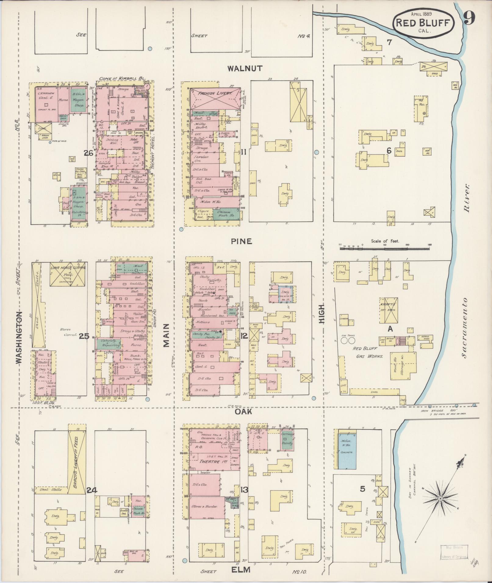 Sanborn Fire Insurance Map from Red Bluff, Tehama County, California (1889), Sheet #0009 - Complete Map Set gallery image, historic Sanborn map, vintage wall art, California California