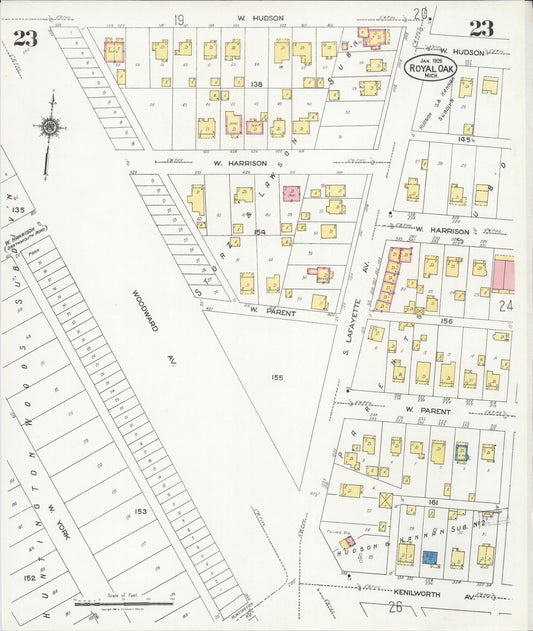Sanborn Fire Insurance Map from Royal Oak, Oakland County, Michigan (1926), Sheet #0023 - Historic Sanborn Fire Insurance Map Print, vintage old map wall art, antique decor, genealogy gift, Michigan Michigan map