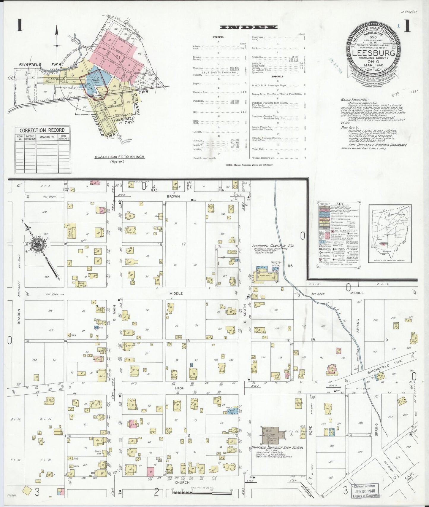 Sanborn Fire Insurance Map from Leesburg, Highland County, Ohio (1948), Sheet #0001 - Historic Sanborn Fire Insurance Map Print, vintage old map wall art, antique decor, genealogy gift, Ohio Ohio map
