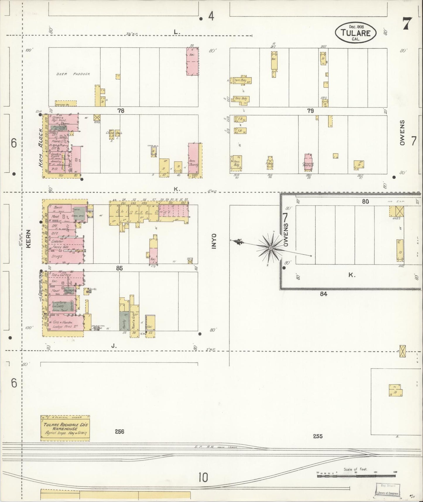 Sanborn Fire Insurance Map from Tulare, Tulare County, California (1906), Sheet #0007 - Complete Map Set gallery image, historic Sanborn map, vintage wall art, California California