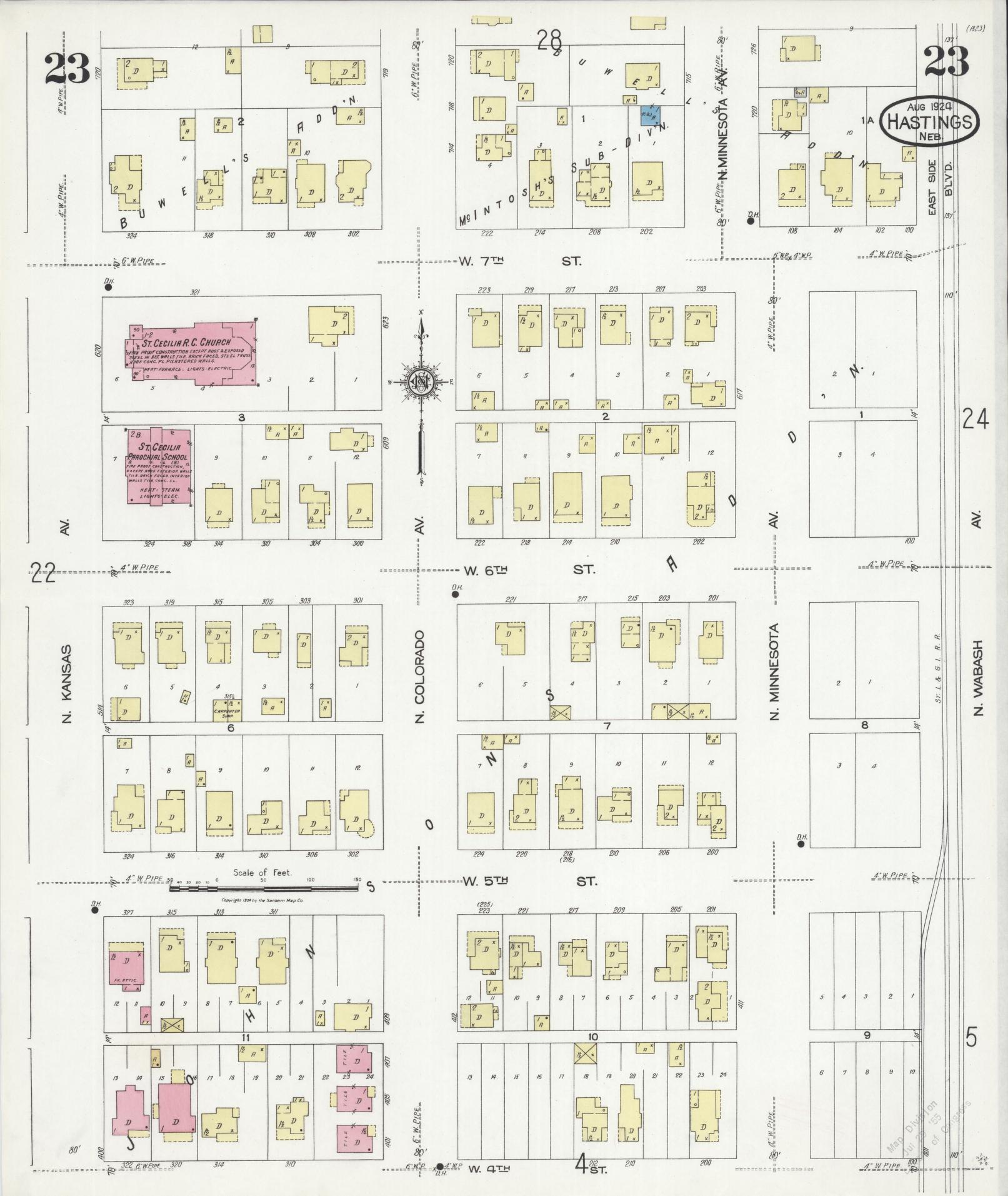 Sanborn Fire Insurance Map from Hastings, Adams County, Nebraska (1924), Sheet #0023 - Historic Sanborn Fire Insurance Map Print, vintage old map wall art, antique decor, genealogy gift, Nebraska Nebraska map
