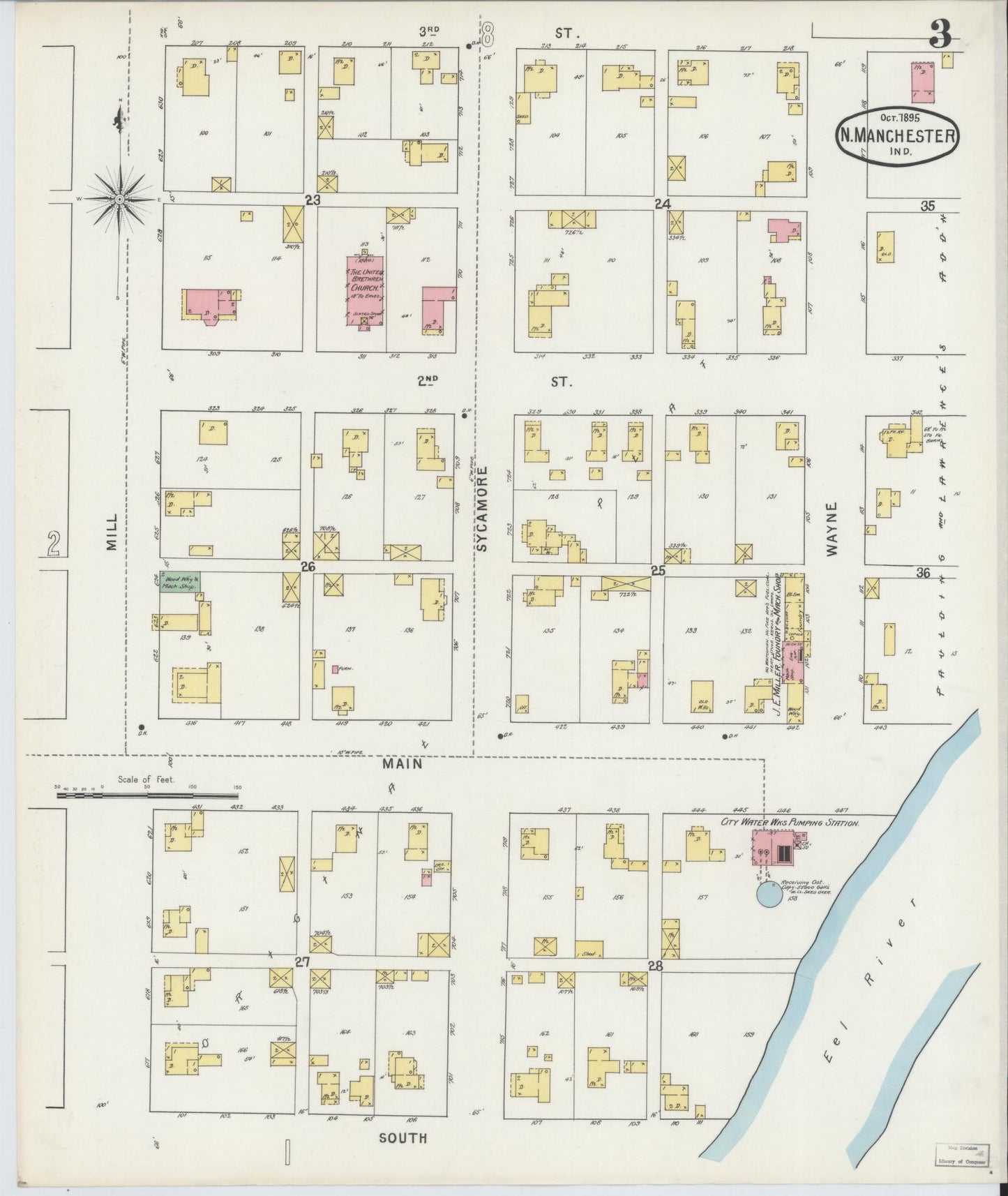 Sanborn Fire Insurance Map from North Manchester, Wabash County, Indiana (1895), Sheet #0003 - Complete Map Set gallery image, historic Sanborn map, vintage wall art, Indiana Indiana