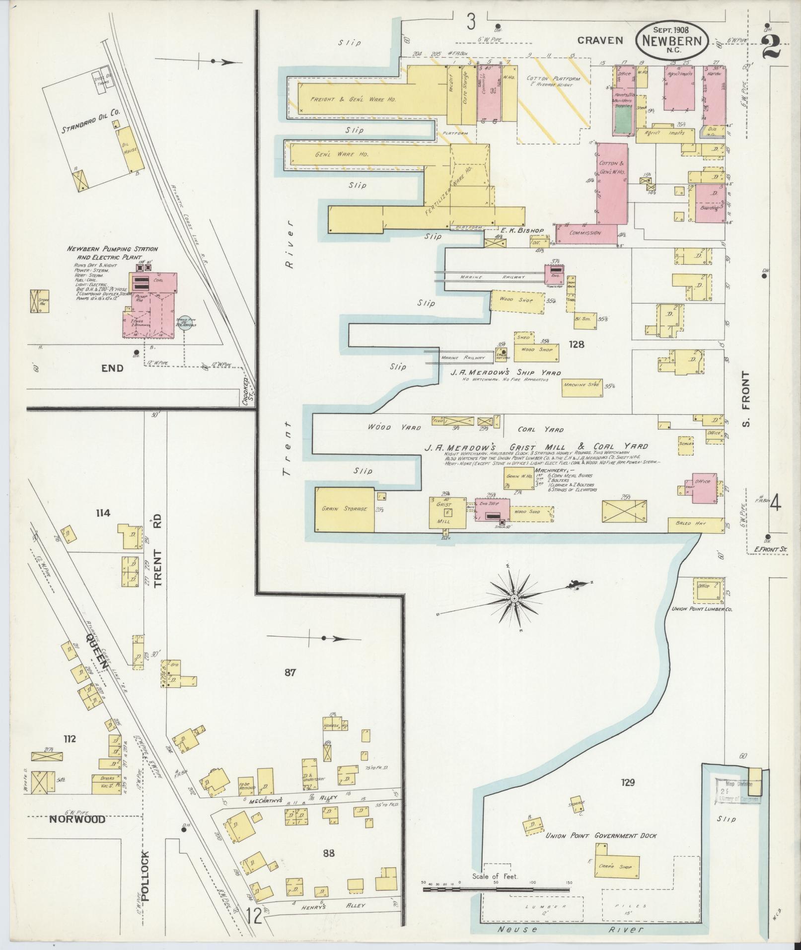 Sanborn Fire Insurance Map from New Bern, Craven County, North Carolina (1908), Sheet #0002 - Complete Map Set gallery image, historic Sanborn map, vintage wall art, North Carolina North Carolina