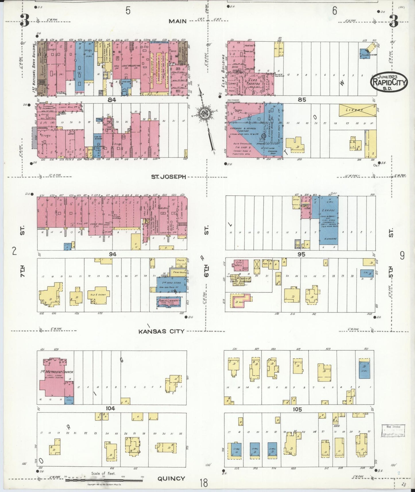 Sanborn Fire Insurance Map from Rapid City, Pennington County, South Dakota (1923), Sheet #0003 - Complete Map Set gallery image, historic Sanborn map, vintage wall art, South Dakota South Dakota