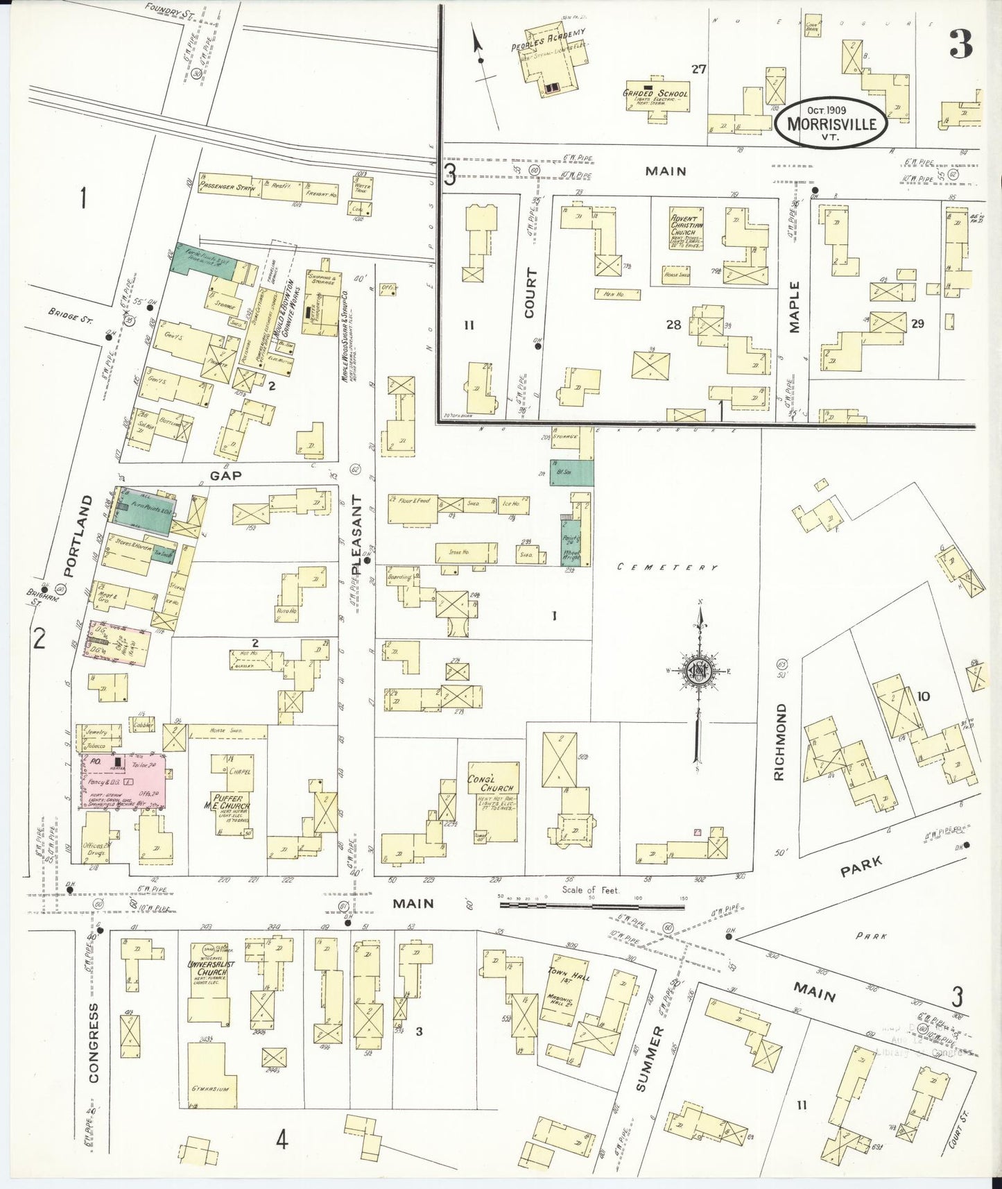 Sanborn Fire Insurance Map from Morrisville, Lamoille County, Vermont (1909), Sheet #0003 - Historic Sanborn Fire Insurance Map Print, vintage old map wall art, antique decor, genealogy gift, Vermont Vermont map