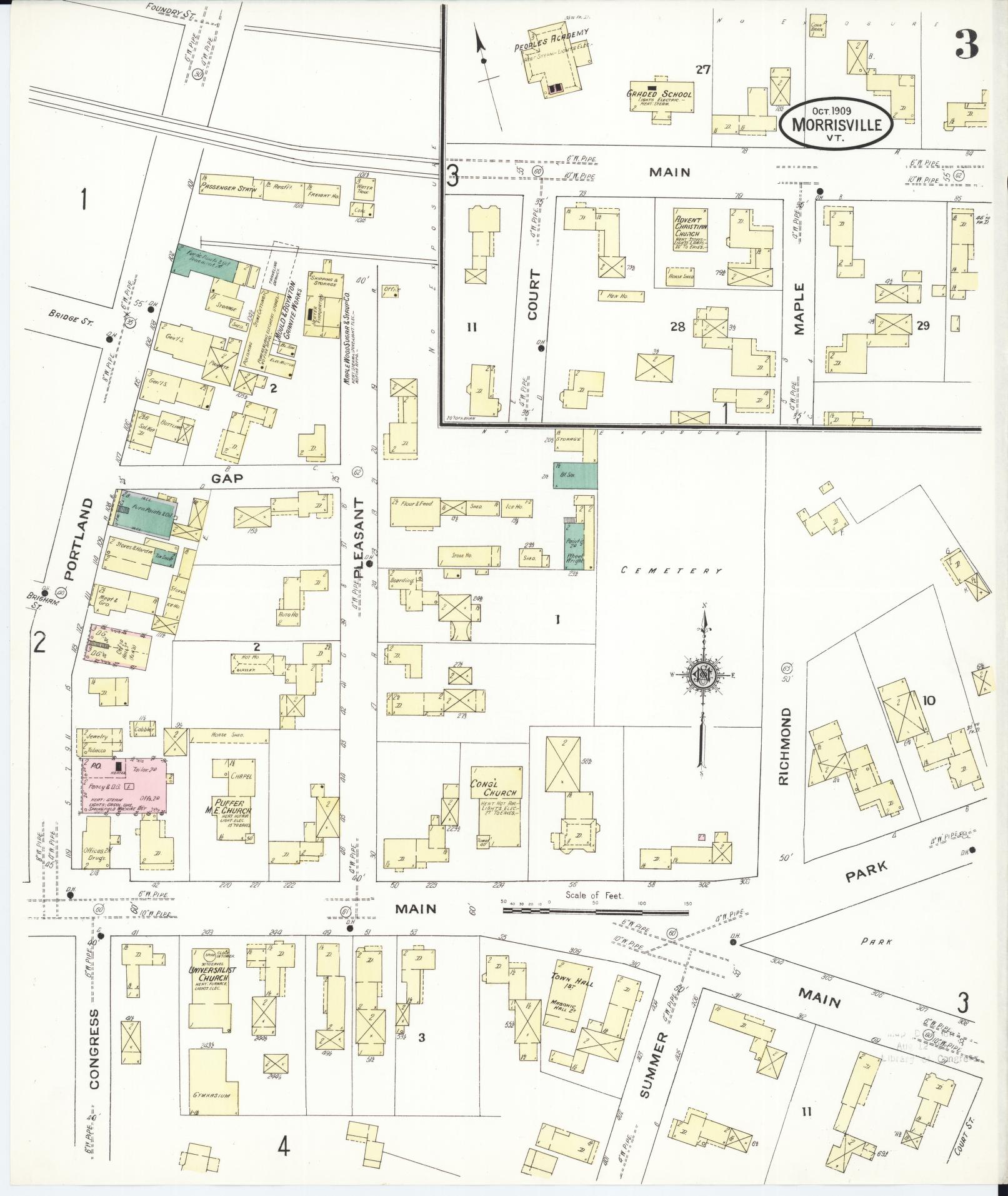 Sanborn Fire Insurance Map from Morrisville, Lamoille County, Vermont (1909), Sheet #0003 - Historic Sanborn Fire Insurance Map Print, vintage old map wall art, antique decor, genealogy gift, Vermont Vermont map