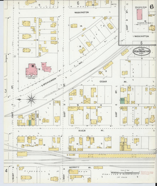 Sanborn Fire Insurance Map from Iron Mountain, Dickinson County, Michigan (1904), Sheet #0006 - Historic Sanborn Fire Insurance Map Print, vintage old map wall art, antique decor, genealogy gift, Michigan Michigan map