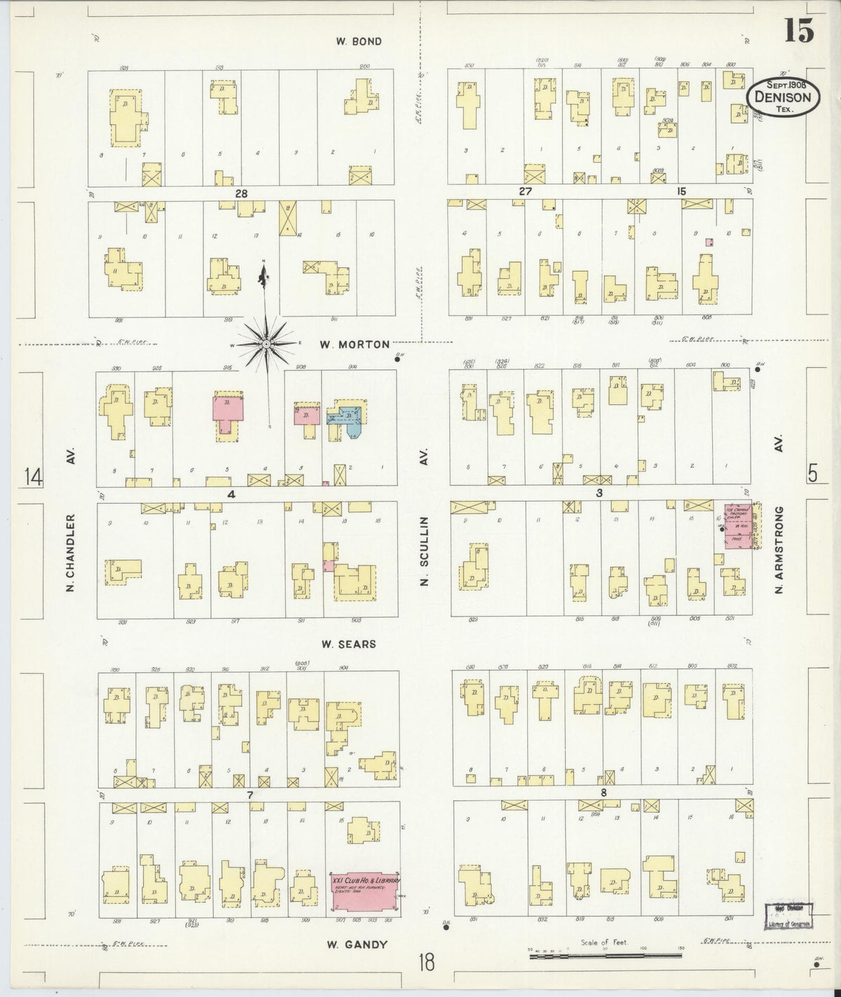 Sanborn Fire Insurance Map from Denison, Grayson County, Texas (1908), Sheet #0015 - Complete Map Set gallery image, historic Sanborn map, vintage wall art, Texas Texas