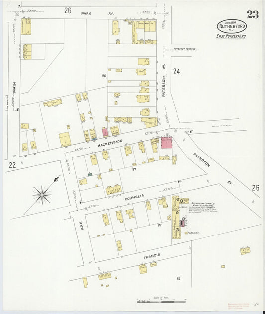 Sanborn Fire Insurance Map from Rutherford, Bergen County, New Jersey (1909), Sheet #0023 - Historic Sanborn Fire Insurance Map Print, vintage old map wall art, antique decor, genealogy gift, New Jersey New Jersey map