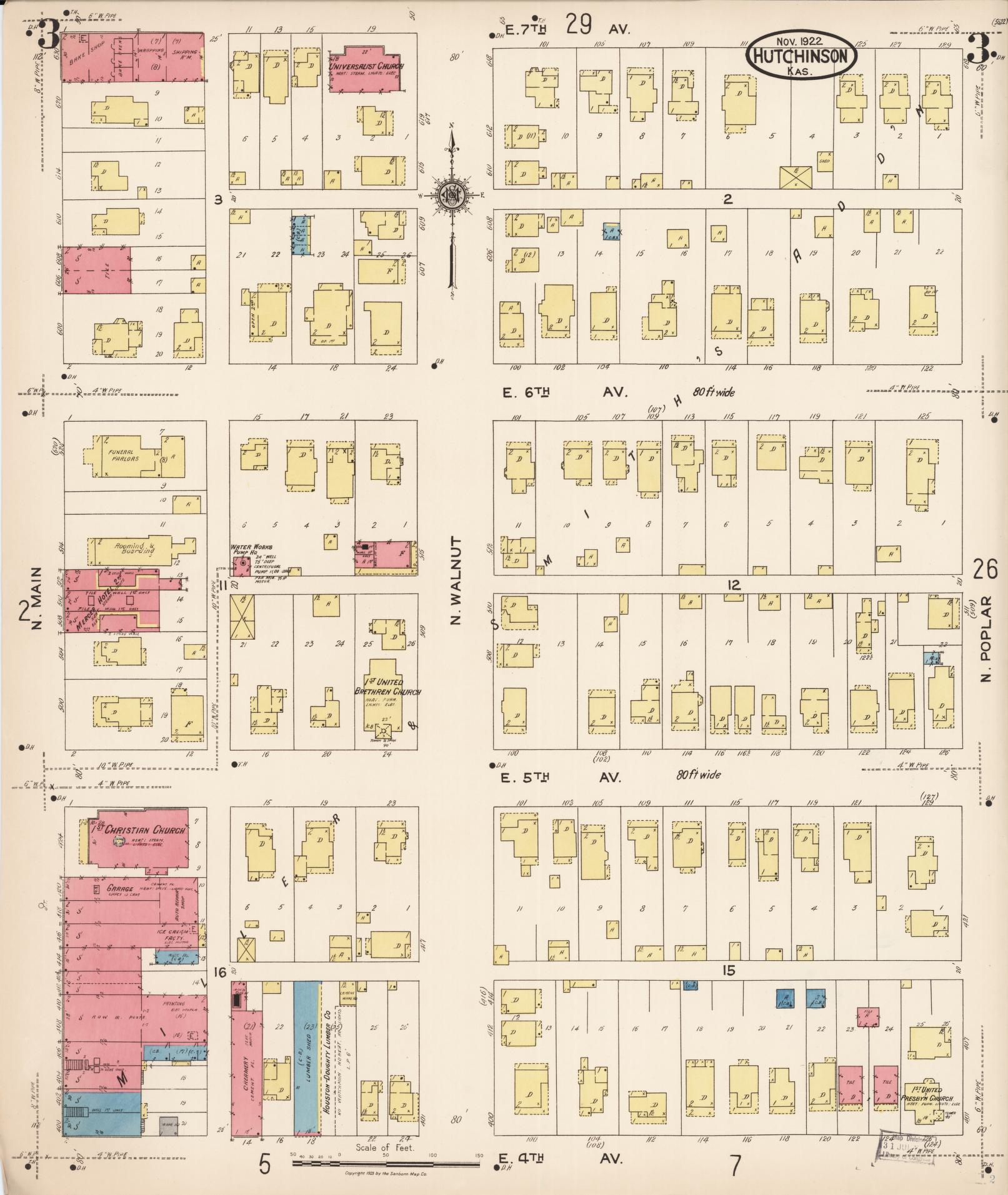 Sanborn Fire Insurance Map from Hutchinson, Reno County, Kansas (1922), Sheet #0004 - Complete Map Set gallery image, historic Sanborn map, vintage wall art, Kansas Kansas
