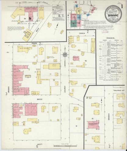 Sanborn Fire Insurance Map from Manning, Clarendon County, South Carolina (1912), Sheet #0001 - Complete Map Set gallery image, historic Sanborn map, vintage wall art, South Carolina South Carolina